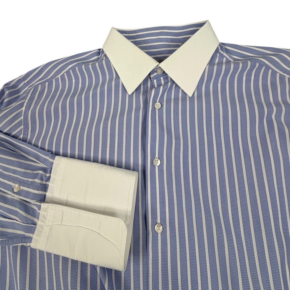 Stefano Ricci Men Dress Shirt French Cuff Striped Contrast Collar Blue White18